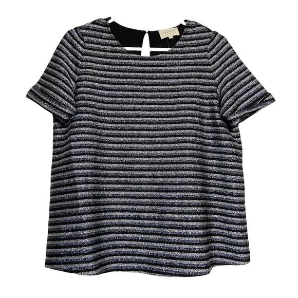 Sezane Cyprien T-shirt Classic Fit Short Sleeve Keyhole Striped Sparkly Blue S - Picture 2 of 6